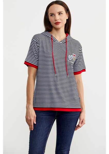 Kapüşonlu Renk Kombinli Çizgili T-Shirt - Lacivert modelleri