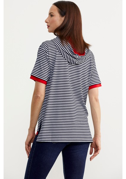 Kapüşonlu Renk Kombinli Çizgili T-Shirt - Lacivert indirimleri