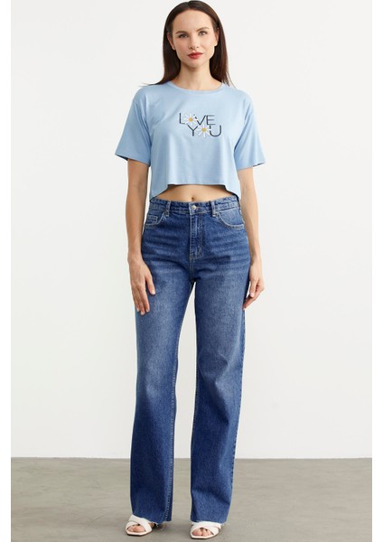 Yüksek Bel Geniş Paça Jean Pantolon - Mavi