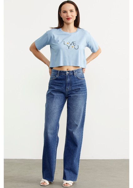 Yüksek Bel Geniş Paça Jean Pantolon - Mavi fiyatları