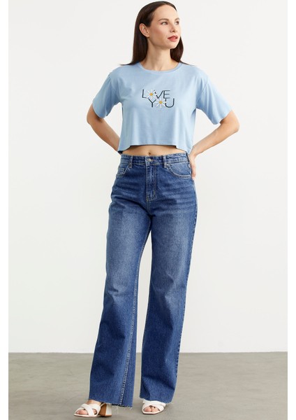 Yüksek Bel Geniş Paça Jean Pantolon - Mavi modelleri
