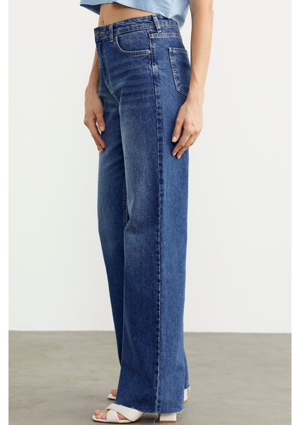 Yüksek Bel Geniş Paça Jean Pantolon - Mavi fırsatları