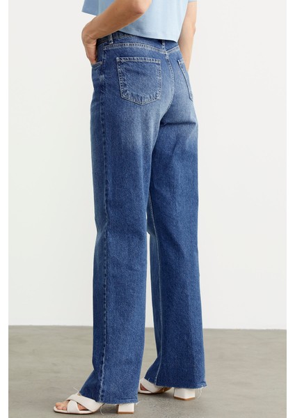 Yüksek Bel Geniş Paça Jean Pantolon - Mavi indirimleri