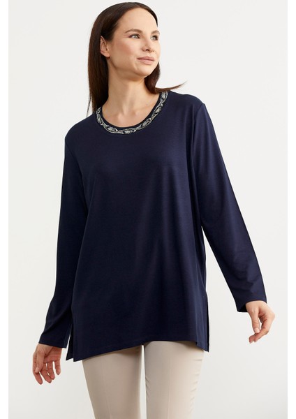 Büyük Beden Uzun Kol T-Shirt - Lacivert modelleri