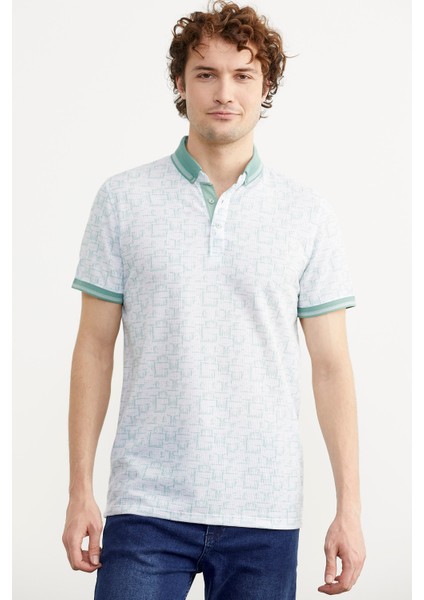 Slim Fit Polo Yaka Desenli T-Shirt - Yeşil
