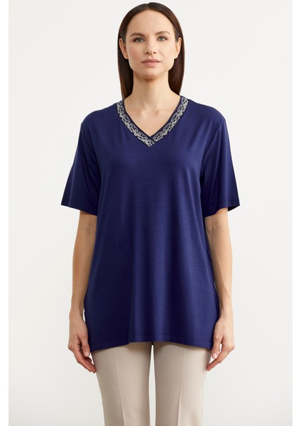 Yaka Detaylı Dökümlü T-Shirt - Indigo