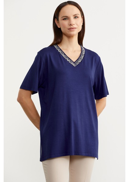 Yaka Detaylı Dökümlü T-Shirt - Indigo modelleri