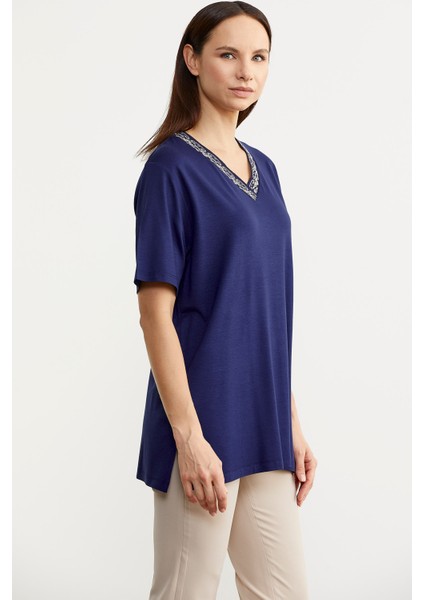 Yaka Detaylı Dökümlü T-Shirt - Indigo fırsatları