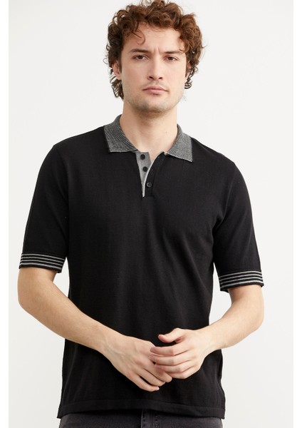 Polo Yaka Kısa Kol Triko T-Shirt - Siyah