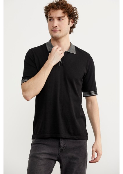 Polo Yaka Kısa Kol Triko T-Shirt - Siyah fiyatları