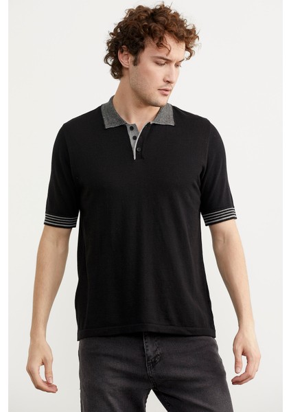 Polo Yaka Kısa Kol Triko T-Shirt - Siyah modelleri