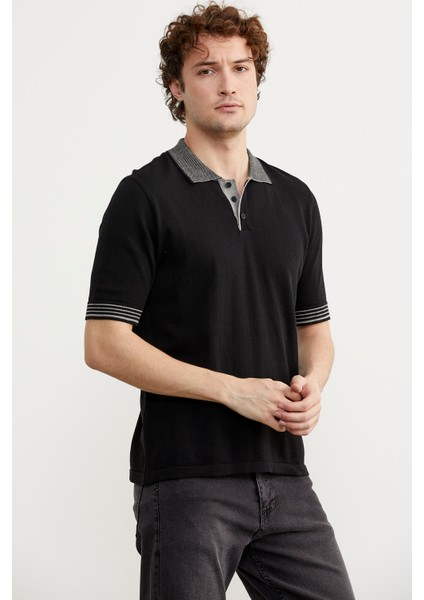 Polo Yaka Kısa Kol Triko T-Shirt - Siyah fırsatları