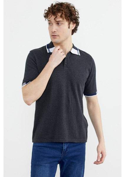 Polo Yaka Kısa Kol Triko T-Shirt - Antrasit fırsatları