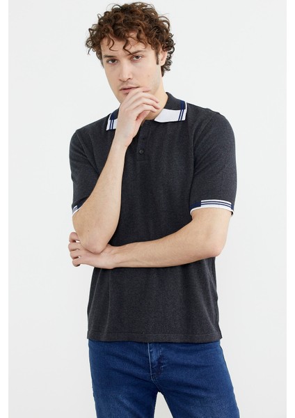 Polo Yaka Kısa Kol Triko T-Shirt - Antrasit indirimleri