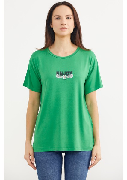 Dökümlü Baskılı Penye T-Shirt - Yeşil