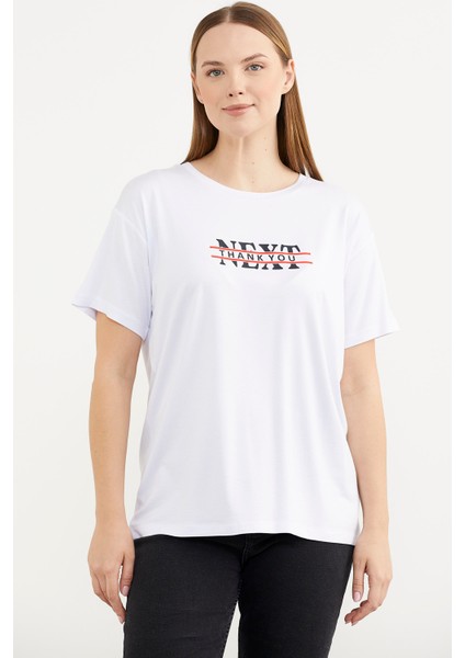 Rahat Kalıp Uzun Baskılı T-Shirt - Beyaz