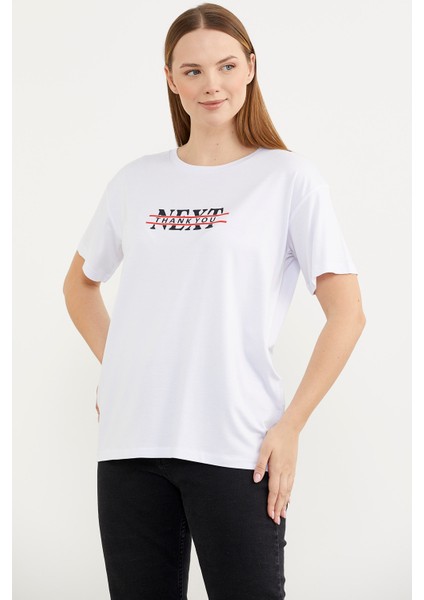 Rahat Kalıp Uzun Baskılı T-Shirt - Beyaz fırsatları