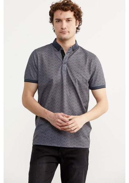 Desenli Slim Fit Triko Polo Yaka T-Shirt - Petrol