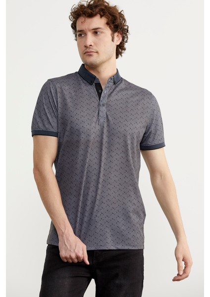 Desenli Slim Fit Triko Polo Yaka T-Shirt - Petrol modelleri