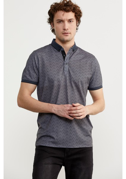Desenli Slim Fit Triko Polo Yaka T-Shirt - Petrol fırsatları
