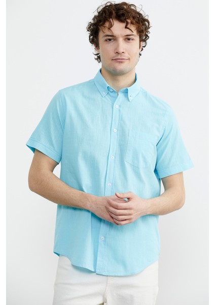 Kısa Kol Cepli Yazlık Gömlek - Turkuaz