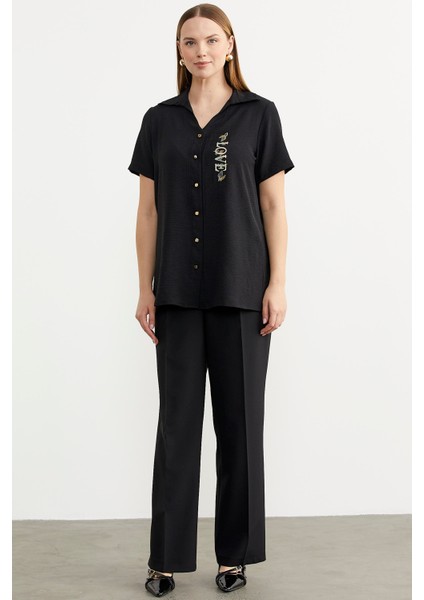 Nakış Detaylı Truvakar Kol Krep Gömlek - Siyah modelleri