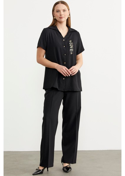 Nakış Detaylı Truvakar Kol Krep Gömlek - Siyah fırsatları