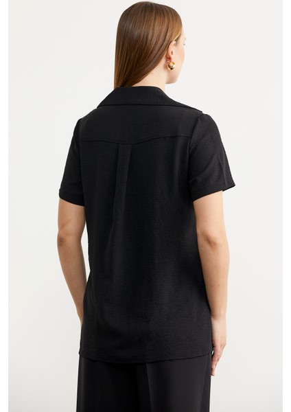 Nakış Detaylı Truvakar Kol Krep Gömlek - Siyah indirimleri