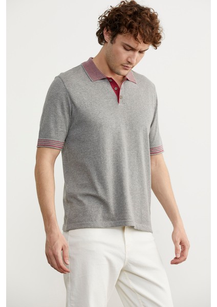 Polo Yaka Kısa Kol Triko T-Shirt - Gri modelleri