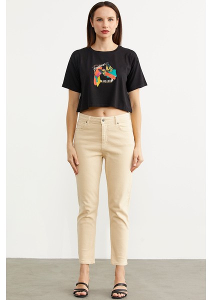 Likralı Fit Mom Jean - Bej