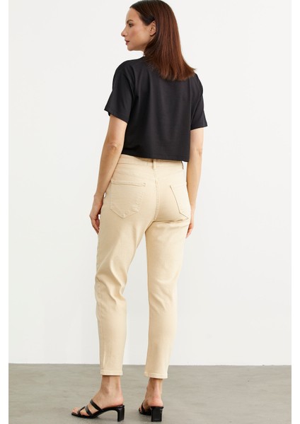 Likralı Fit Mom Jean - Bej indirimleri