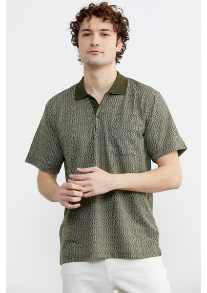 Regular Fit Polo Yaka Desenli T-Shirt - Yeşil