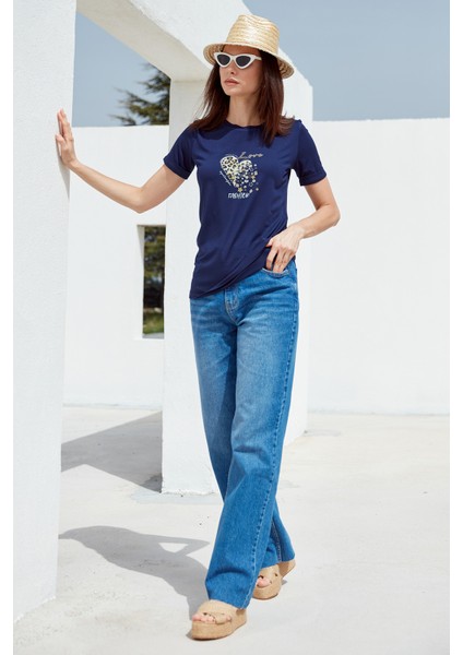 Varak Baskılı Dökümlü T-Shirt - Lacivert