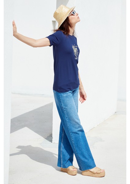 Varak Baskılı Dökümlü T-Shirt - Lacivert modelleri