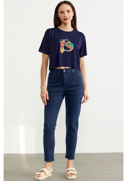 Likralı Fit Mom Jean - Lacivert