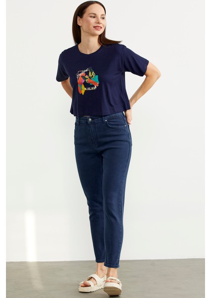 Likralı Fit Mom Jean - Lacivert fiyatları