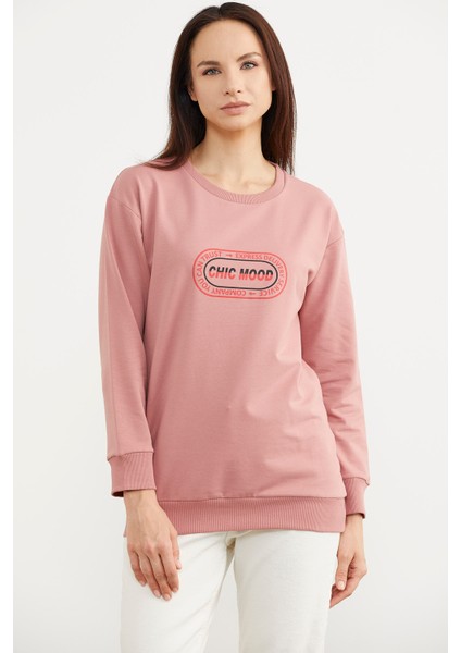 Baskılı Oversize Basic Sweatshirt - Gül Kurusu