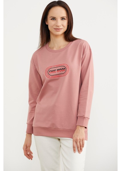 Baskılı Oversize Basic Sweatshirt - Gül Kurusu