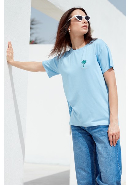 Büyük Beden Düşük Kol Penye T-Shirt - Mavi fiyatları