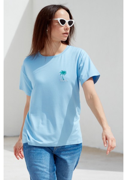 Büyük Beden Düşük Kol Penye T-Shirt - Mavi modelleri
