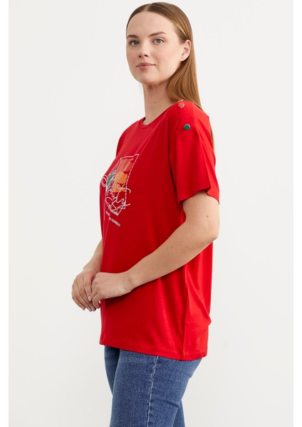 Omuz Düğme Detaylı Baskılı T-Shirt - Kırmızı fırsatları