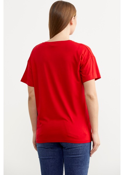 Omuz Düğme Detaylı Baskılı T-Shirt - Kırmızı indirimleri