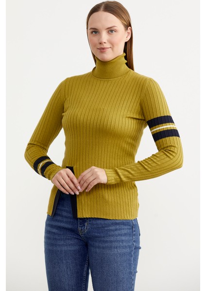 Tam Balıkçı Renk Detaylı Triko Kazak - Yeşil fiyatları