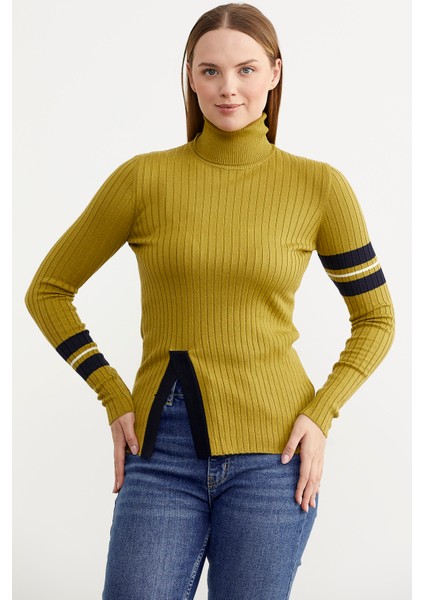 Tam Balıkçı Renk Detaylı Triko Kazak - Yeşil modelleri