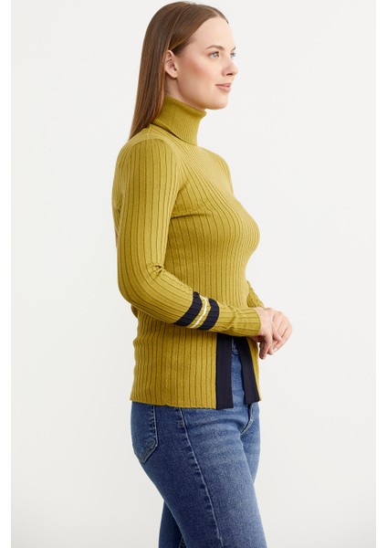 Tam Balıkçı Renk Detaylı Triko Kazak - Yeşil fırsatları