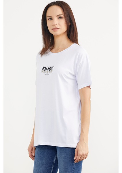 Dökümlü Baskılı Penye T-Shirt - Beyaz