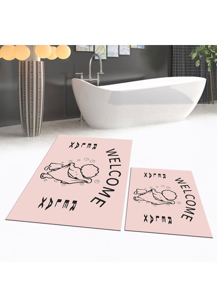 Dijital Baskılı Kaymaz Taban Yıkanabilir Ikili Banyo Paspas Klozet Takımı, V-Klozet-11-Pembe,