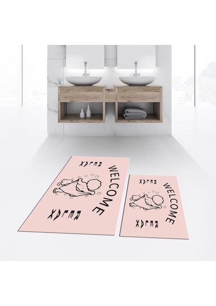 Dijital Baskılı Kaymaz Taban Yıkanabilir Ikili Banyo Paspas Klozet Takımı, V-Klozet-11-Pembe, fiyatları