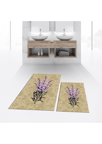 Dijital Baskılı Kaymaz Taban Yıkanabilir Ikili Banyo Paspas Klozet Takımı, V-Klozet-29-Kahve,