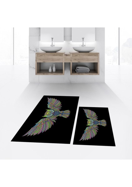 Dijital Baskılı Kaymaz Taban Yıkanabilir Ikili Banyo Paspas Klozet Takımı, V-Klozet-37-Siyah,